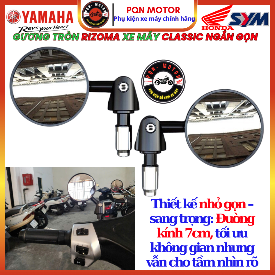 Gương Tròn Rizoma Moto Mini Bar End- Gắn Chân Gương Xe Máy, Xe Điện- Nhôm CNC Mặt Kính Trắng Nhỏ Gọn