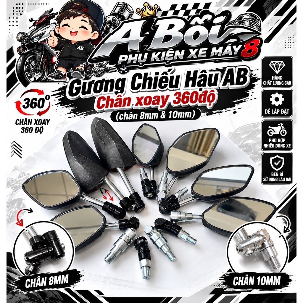 Gương AB kèm chân gương xoay 360 độ siêu nét gắn dc nhiều dòng xe shop8