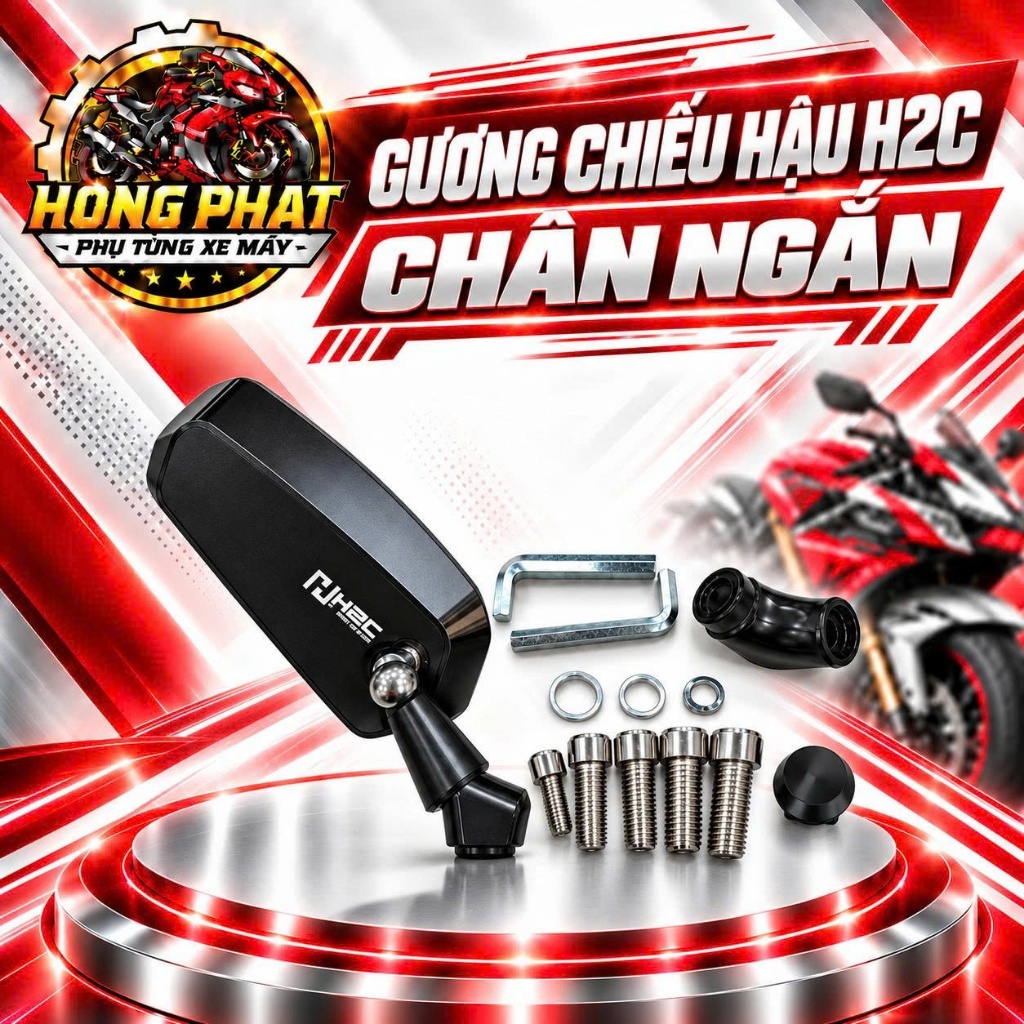 Gương Chiếu Hậu H2C Chân Ngắn Mặt Kính Trắng Gắn Xe Máy