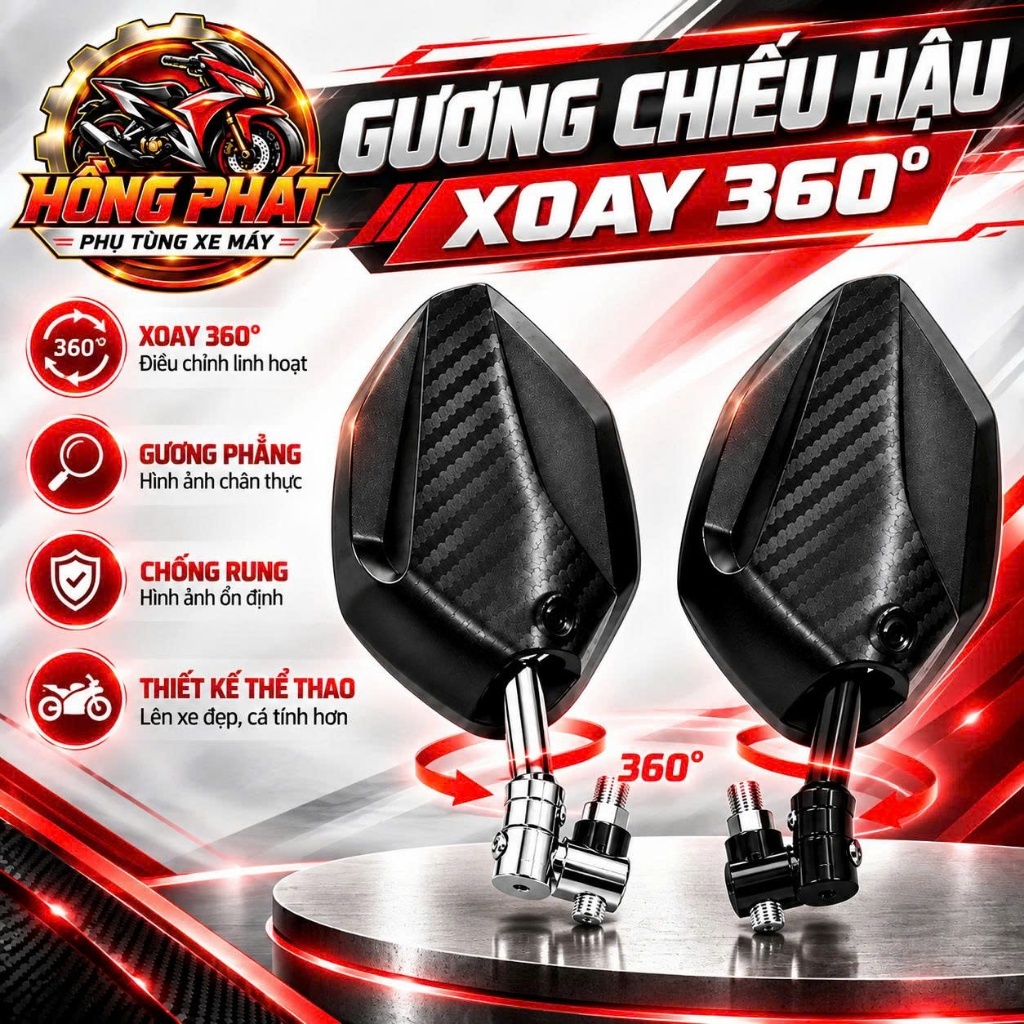 Gương Chiếu Hậu Xe Máy Xoay 360° Gập Linh Hoạt, Ren 8mm 10mm Cho AB Air Blade, Sirius, Dream, Wave, Vario